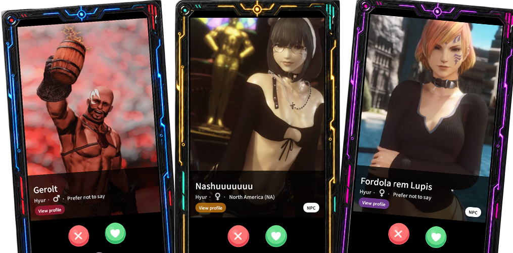 Three AetherLove profile cards shown on neon phone frames inside Final Fantasy XIV